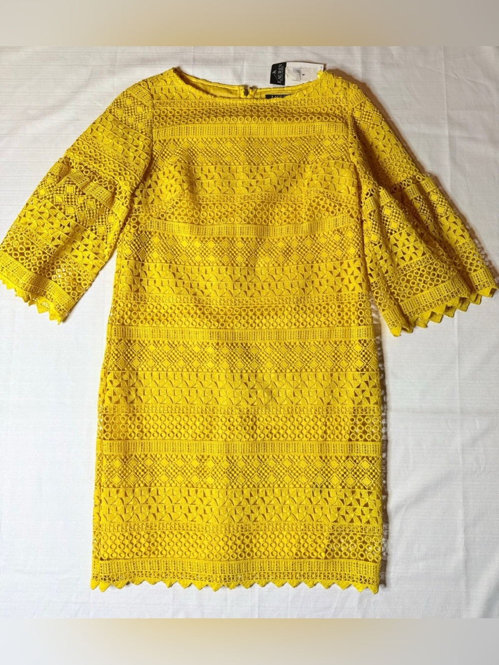 RALPH LAUREN NWT Women’s Sheath Dress Yellow Lace 3/4 Bell Sleeve Size 4